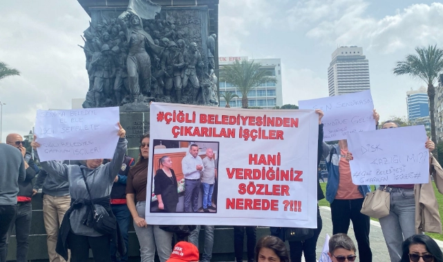 DİSK grevinde eylem: Çiğli'de işten çıkarılan işçiler pankart açtı