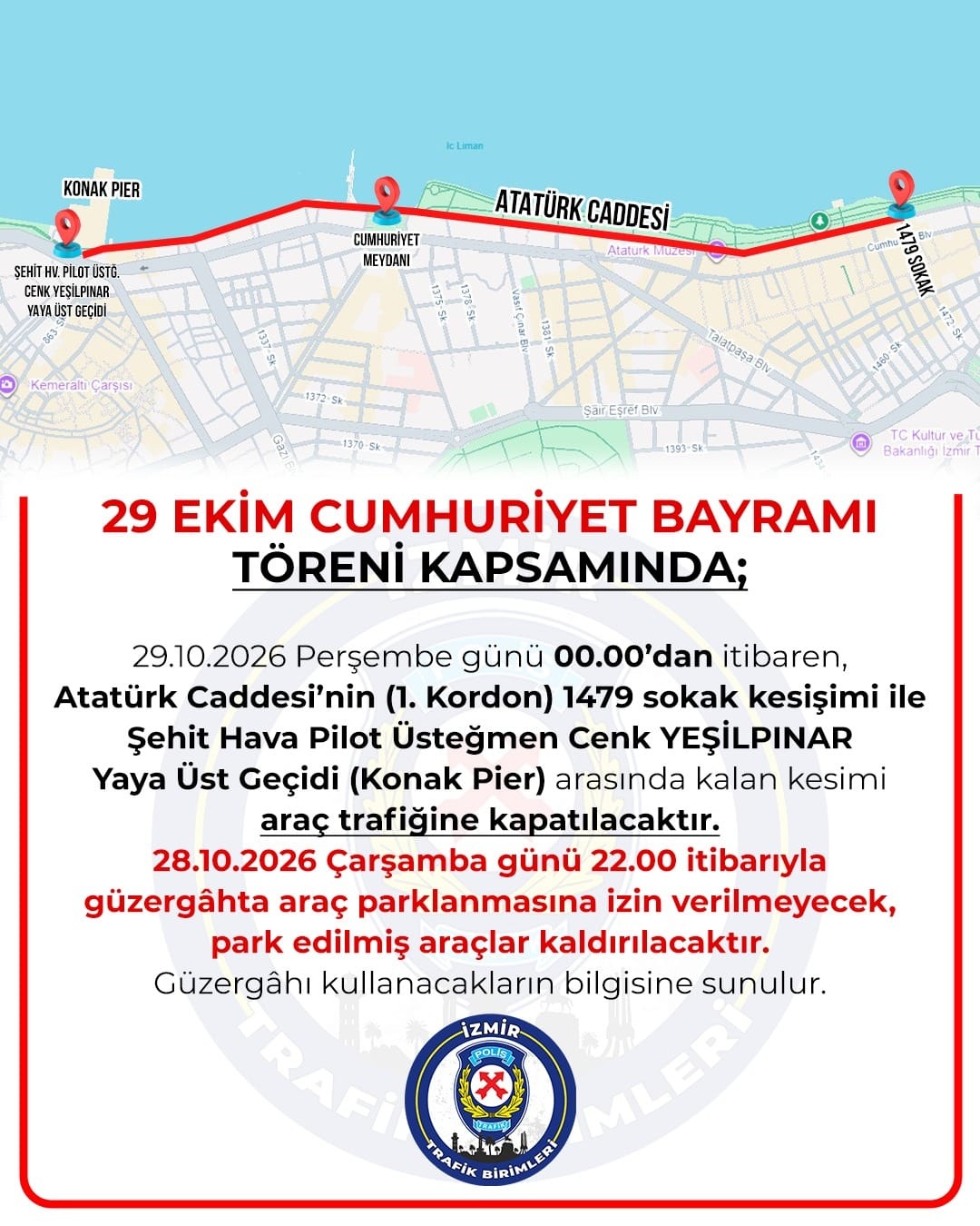 İzmir’de 29 Ekim'de trafik kısıtlaması ve park yasağı